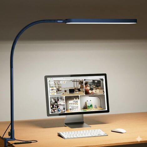 SKYLEO Lampe de Bureau - LED Desk Lamp - Col de Cygne Flexible - 5 Modes de Couleur X 11 Niveaux de Luminosité - 1300LM - Fonction Minuterie et Mémoire - Lampe Bureau 12W - Bleu