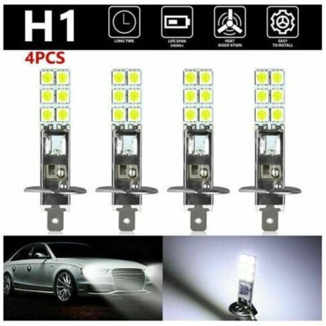 Lot de 4 ampoules LED H1 6000 K en blanc, utilisables en feux de brouillard et de conduite, compatible avec une tension de 12V24V.