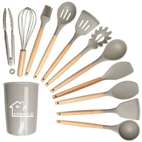 Ensemble d'ustensiles de cuisine en silicone 12 pièces, ustensiles de cuisine avec porteustensiles, ensemble d'ustensiles de cuisine antiadhésifs avec poignées en bois, accessoires de cuisine lavable