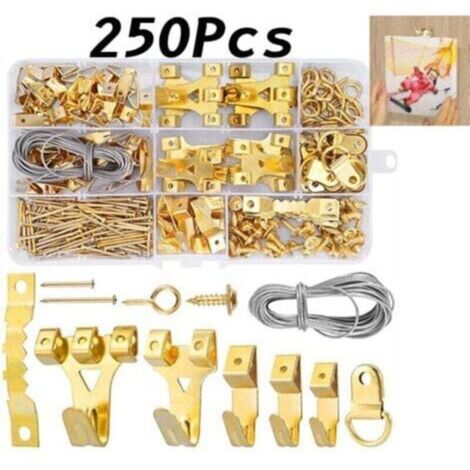 Kit de 250 Pièces pour Suspension de Cadres Photos et Tableaux - Crochets, Vis, Clous, Anneaux en D, Œillets à Vis, Cintres en Dents de Scie et Câbles Acier - Accessoire Accroche Tableau