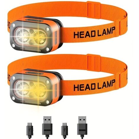 Lot de 2 Lampes Frontales LED Rechargeables USB – Double Éclairage avec Capteur de Mouvement, Lumière Rouge d’Avertissement, pour Casque, Camping et Maintenance