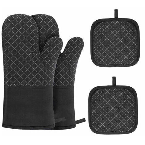 Gants de Four, 4 pcs Gants de Maniques Gants de Cuisine avec Tapis de Maniques Résistant à Chaleur Antidérapant Gant Four pour BBQ, Cuisiner, Cuire, Micro-Ondes avec Brosse en Silicone (Noir)