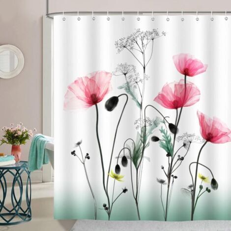 Rideau de Douche Coquelicots Fleur Rouge 180 x 200 cm Rideau de Bain Tissu Polyester Anti Moisissure Imperméable Lavable Rideau Salle de Bain avec 12 Crochets pour Baignoire