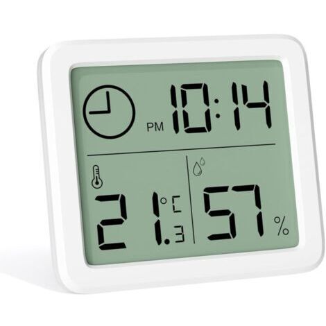 Mini Thermometre Interieur Numérique, Hygrometre Portable Professionnel à Grand Écran avec Horloge, Thermomètre Blanc Précis, Hygromètrepour la Maison, Chambre de Bébé, Serre, Bureau