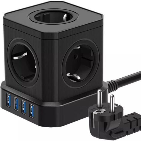 9 en 1 Multiprise Electrique , multiprise 5 prises avec 4 USB, 2500 W Powercube câble de 2 m pour bureau, maison, noir (1/5)