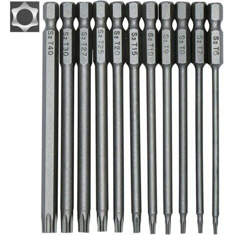 Jeu de 11 Longueur 100 mm embouts longs Torx pour tournevis et visseuse électrique - Embouts magnétiques - Tige hexagonale de 1/4" - Tailles T6 à T40 (1/5)