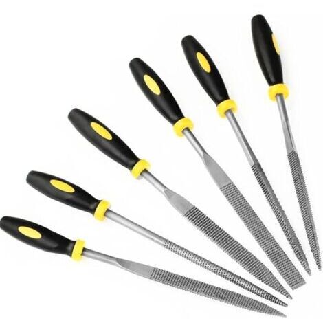 Lot de 6 limes à aiguilles avec poignée en métal, 4 x 160 mm, petites limes en métal : plates, plates, carrées, triangulaires, rondes, demi-rondes pour le travail du bois et du métal