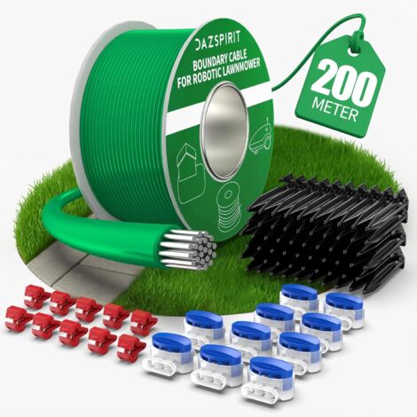 200 m Cable Robot Tondeuse + 100 Piquets + 20 Connecteurs de Câble + 10 Bornes de Connexion, Tondeuse Gazon Fil Périphérique Compatible avec Gardena Bosch Husqvarna Worx Honda Robomow etc (1/5)