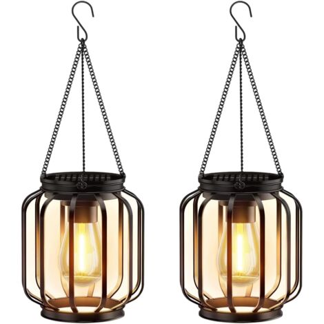 Lampe Solaire Exterieur Suspendue, Lanterne Solaire Exterieur Métal avec Chaîne et Crochet, IP65 Étanche Lanterne Cylindrique Decorative à Suspendre pour Terrasse Balcon Cour Jardin, lot de 2