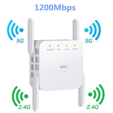 Répéteur WiFi 1200 MbpsDouble bande 5 GHz et 2,4 GHzCouverture jusqu'à 2000 pieds carrés4 antennes à gain élevé (1/4)