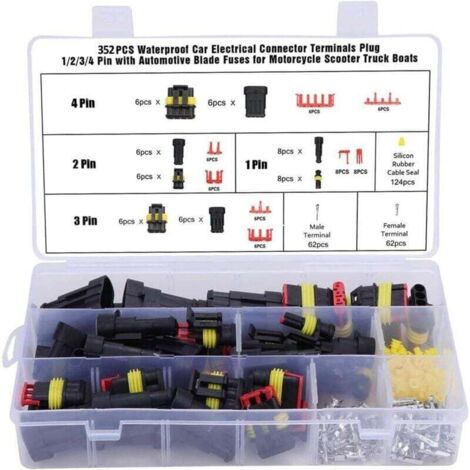 352 Pcs Connecteurs de Fil Imperméables, 1/2/3/4 Broches avec Fusibles pour Voiture, Moto et Bateau (1/4)