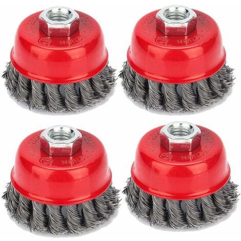Lot de 4 brosses coniques, meuleuses, brosse métallique, brosse coupelle torsadée, brosses de ponçage pour meuleuse d'angle, élimination de la corrosion, Ø 75 mm, M142 (1/5)