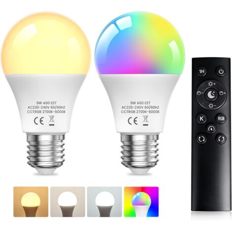 TobeBright Ampoule LED RGB E27 9W avec Télécommande, Dimmable RGB+ 3 Températures de Couleur Blanc Chaud, Blanc Froid, Lumière du Jour, Lumière D'ambiance pour Party Bar Halloween (Lot de 2) (1/4)