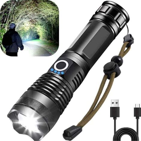 Lampe torche avec affichage de la puissance, longue portée, Zoom télescopique P70, lumière de nuit, lampe de poche rechargeable par USB (Style 1) (1/5)