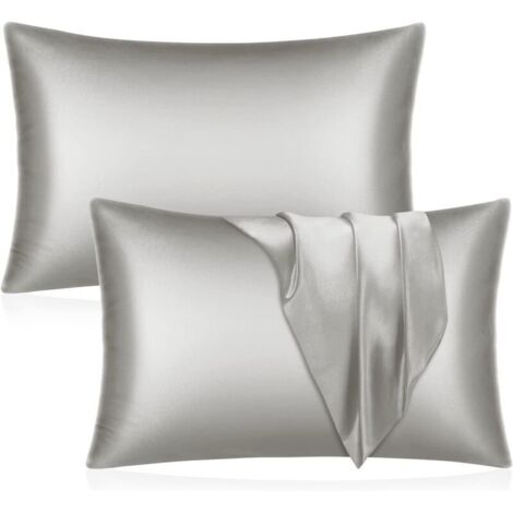 Lot de 2 taies d'oreiller en satin - Taie d'oreiller grise pour cheveux et peau Taille standard avec fermeture enveloppe, 51 x 76 cm (1/5)