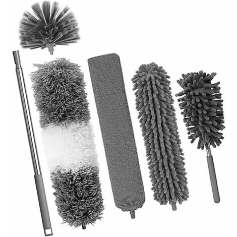 6 pièces Plumeau Poussiere Telescopique,plumeau Toile araignée,Plumeaux Microfibre Lavable Tête Nettoyage Différentes, Plumeau Télescopique pour Ventilateur Plafond, Toile Araignée- (1/4)