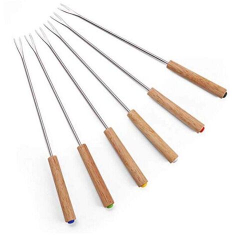 6 Pièces Fourchettes à Fondue au Fromage avec Manche en Bois Pic Fondue Inoxydable Pique à Fondue Bourguignonne Fourchette à Chocolat 24cmpour Barbecue, Pain, Légumes (1/4)