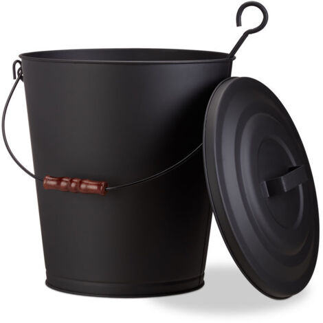 Seau À Cendres Avec Couvercle, Seau De Charbon En Acier, Cendrier Anse Bois 24 Litres, Noir (1/4)