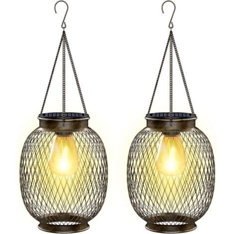 Lampe Solaire Exterieur Jardin Suspendue, IP65 Étanche Lanterne Solaire Exterieur 2 Pièces Métal Lumiere Solaire Exterieur avec Ampoule LED Lampe Solaire Balcon pour Porche Cour Jardin Terrasse [Class (1/5)