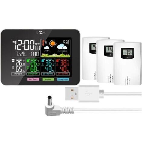 Thermomètre météo, stations météo intérieures et extérieures sans fil, température, humidité, écran couleur VA, prévisions météo, pression barométrique, réveils (1/4)
