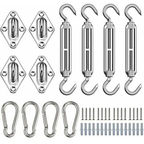 Kit de Fixation pour Voile d'Ombrage, 44 Pcs Inoxydable Kit de Montage Fixations d'ombrage de Voile, Kit Accessoires de Fixation de Matériel pour Auvents Carrés Rectangle et Triangulaires (1/5)
