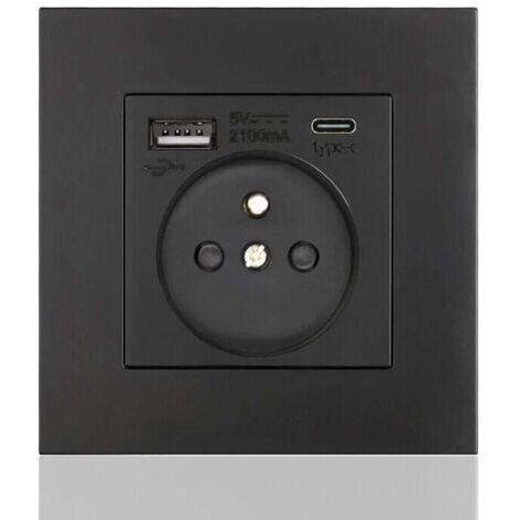 Panneau de prises françaises 16A Type 86 – 2 prises + 1 USB + 1 Type-C – Installation horizontale/verticale – Sûr et ferme, carré noir - USB16A (1/5)