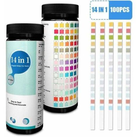 Packung mit 100 14-in-1 Wasserteststreifen für Trinkwasser und Leitungswasser, einfache und schnelle Bestimmung von Härte, pH-Wert, Brom, Nitraten usw. (1/5)
