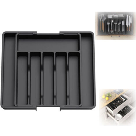 Couverts, Plateau d'Ustensiles Extensible pour Tiroir, Organisateur de Tiroir Réglable pour la Cuisine, Rangement Compact en Plastique pour contenir des Cuillères, Fourchettes, Noir (1/5)