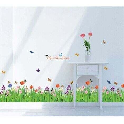 Stickers muraux Vert Herbe Fleurs avec Papillons Autocollant Décoratif pour Coin Mur Décor Enfants Chambre Plinthe Salon (1/4)