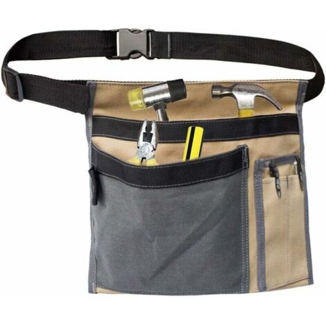 Pochette de ceinture à outils, tablier multifonctionnel en toile de 12 oz avec clip de ceinture réglable pour rangement d'atelier/pochette de tournevis – Couleur contrastée beige gris (1/5)