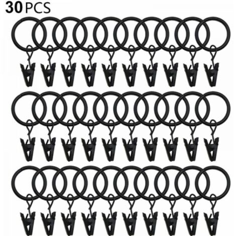 30 anneaux de rideaux PCS avec pinces, pinces à draperie solides, crochets sur support de tige de tension, diamètre intérieur oeillets en métal rideaux décoratifs cintres de fenêtre, noir (1/5)