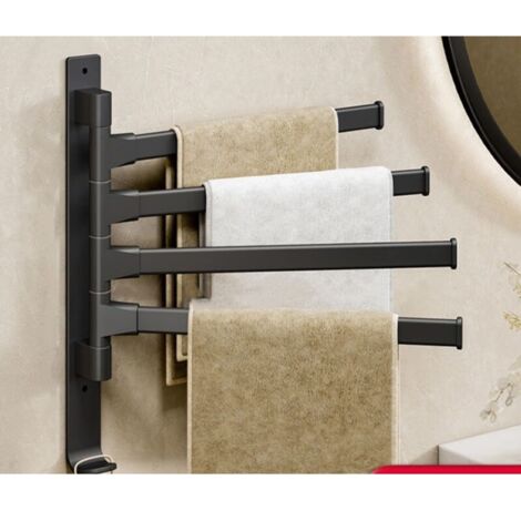 Porte-serviettes pivotant à 5 bras avec crochets, barre porte-serviettes peu encombrante, montage mural, porte-serviettes pivotant pour salle de bain et cuisine, noir (1/3)