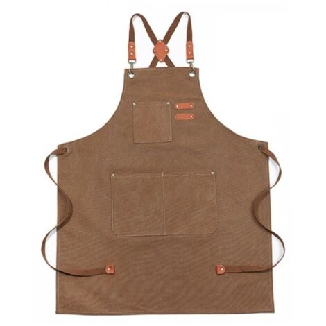 1PC Brun Tablier à brets en denim imperméable amélioré, tablier en denim réglable avec poches et brets croisées (1/5)