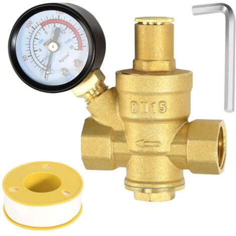 Reducteur de Pression eau DN15 1/2 Pouce Avec Manometre Pression eau, Fabriqué 100% en Laiton de Haute Dureté, Réducteur de Pression d'eau Limiteur de Pression Arrosage Regulateur de Pression d eau (1/5)