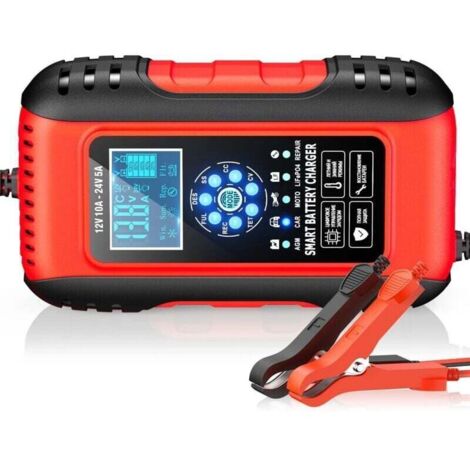 Chargeur batterie 12V/24V 10A avec écran LCD – Maintien de charge et fonction réparation – Pour voitures, motos, camions, AGM, GEL, SLA (6-180AH) (1/5)