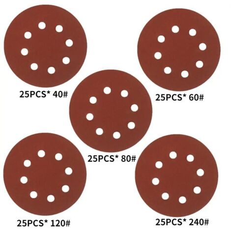 Disques de polissage ronds de 5 pouces - grain 40-125, 8 trous, 125 pièces (1/5)