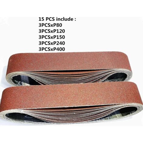 Lot de 15 bandes abrasives 50 x 686 mm – Assortiment grains 80/120/150/240/400 – Pour ponçage bois, métal, verre, plastique (1/5)