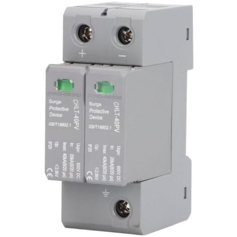Parafoudre 2P DC 600V – Protection contre surtensions 20kA – Niveau de protection 2,8kV – Montage sur rail standard 36mm