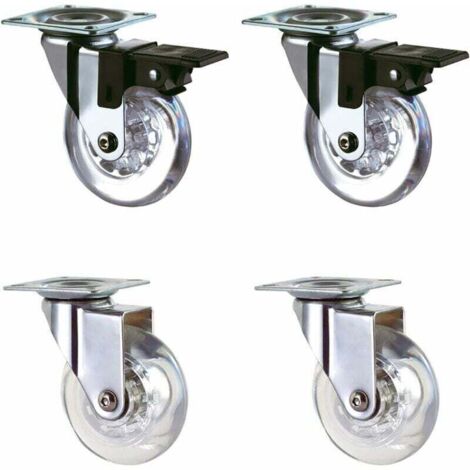 Jeu de 4 roulettes transparentes 50 mm avec frein pour le transport, faciles à déplacer, adaptées à toutes les surfaces (50 mm), revêtement en caoutchouc transparent, charge totale 160 kg. (1/3)