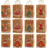 Sacs Cadeaux de Noël,12 Pièce Sac Cadeau Noel en Papier Kraft Pochette Cadeau Noel Reutilisable Sac Papier Cadeau Noel avec Poignée Pochettes de NoëL Sac en Papier pour Cadeau Bonbons Biscuits