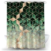 Geometric shower curtain in green marble design, 120 x 180 cm, made of polyester fabric, mildew-resistant, waterproof, washable, including 12 shower rings and hooks for the bathtub