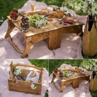 Panier de pique-nique en bois pliable extérieur, table de pique-nique à vin portable, table de pique-nique 2 en 1, panier de rangement en bois convertible pour pique-nique extérieur ou intérieur (coul