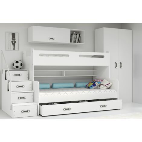 Lit superposé Max 3 – Dimensions 124x262 cm – Matelas 200x80/200x120 cm – Escalier avec 5 tiroirs – Charge max 100 kg – Sans matelas – Blanc