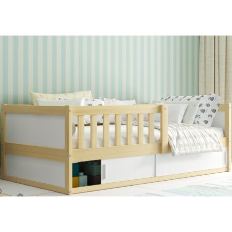 Lit enfant SMART2 80x160 cm – Barrière de sécurité installable – Sommier à lattes en bois massif de pin – Finition naturelle