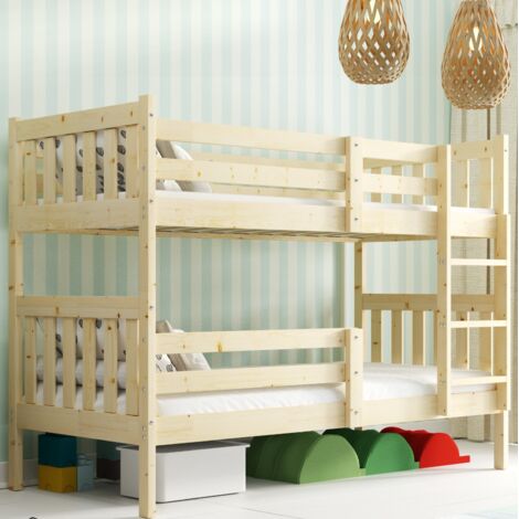 Lit superposé Kacper 97 x 205 cm – Bois massif pin naturel – Barrière de sécurité – Sommier inclus – Séparable en 2 lits simples