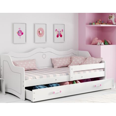 Lit enfant évolutif 80x160 cm – Barrière de sécurité réversible – Tiroir de rangement – Cadre en bois de pin massif – Peinture écologique