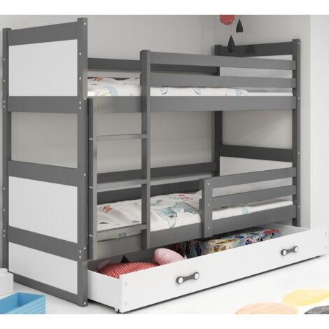 Lit superposé Rico 97x195, dim.matelas 90x190 Bois Massif- Pin-Barrière- Sommier- Tiroir- Séparable en 2 lit-Sans matelas (Gris+blanc) (1/4)