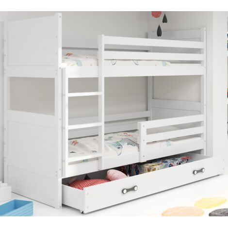 Lit superposé Rico 97x195 cm – Pin massif certifié FSC – Barrière de sécurité – Tiroir de rangement – Séparable en 2 lits – Sans matelas
