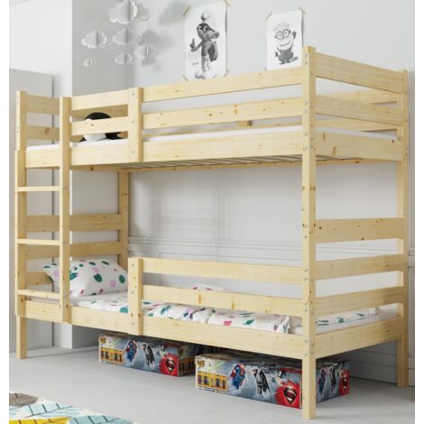 Lit superposé en bois massif de pin naturel 97 x 197 cm – Barrière de sécurité incluse – Séparable en 2 lits – Sommier à lattes en bouleau - ERIC 97 X (1/5)