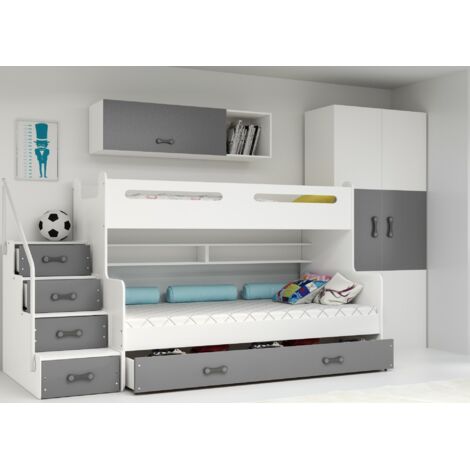 Lit Superposé Max 3- 124x262, dim.matelas 200x80,  200x120  Escalier,  Sommier & 5 Tiroirs,  Charge Max 100 kg , Sans matelas(gris)